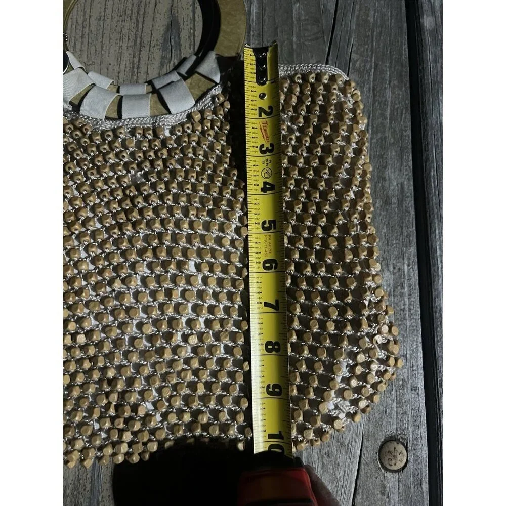 Vintage 90s The Sak beige cream crochet beaded top wood handle bag retro beachy